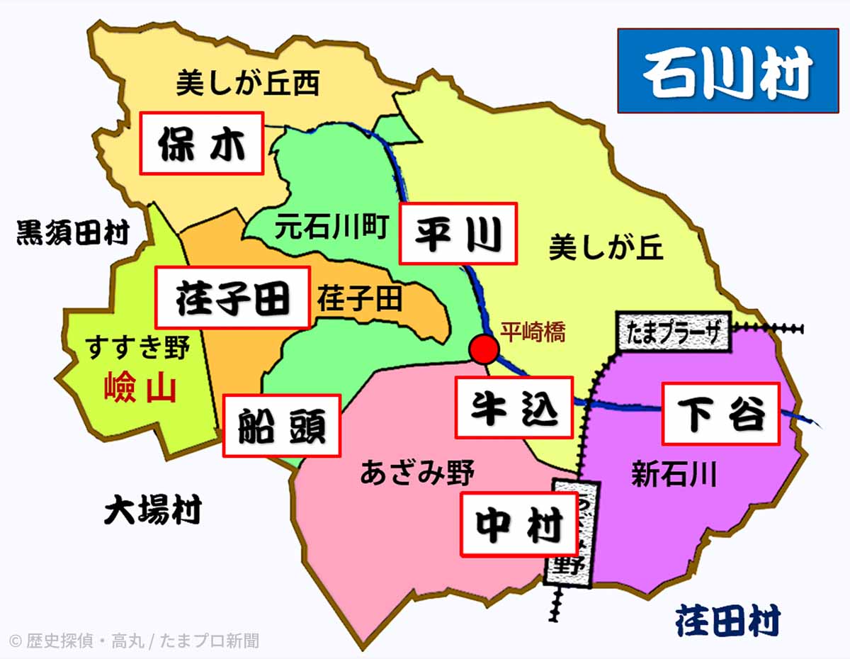 石川村の地図と現在の町名