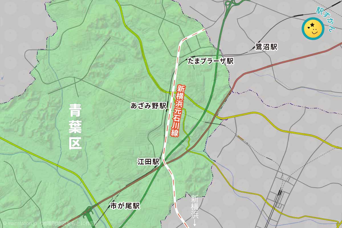青葉区内の新横浜元石川線マップ