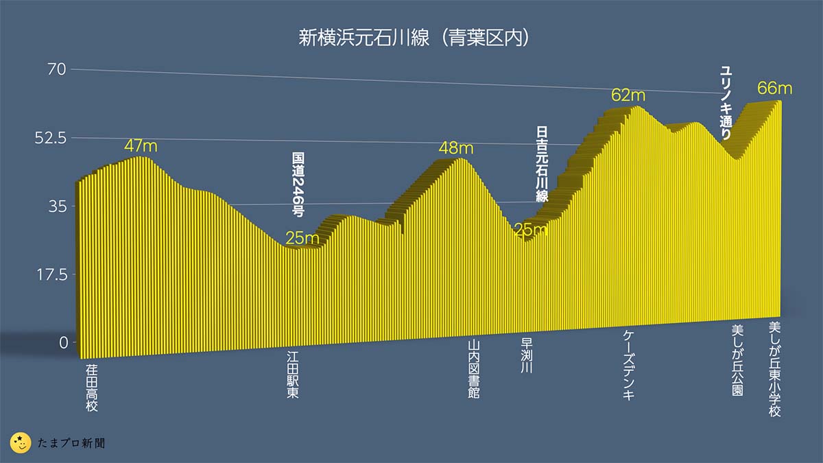 新横浜元石川線 青葉区内の高低差グラフ
