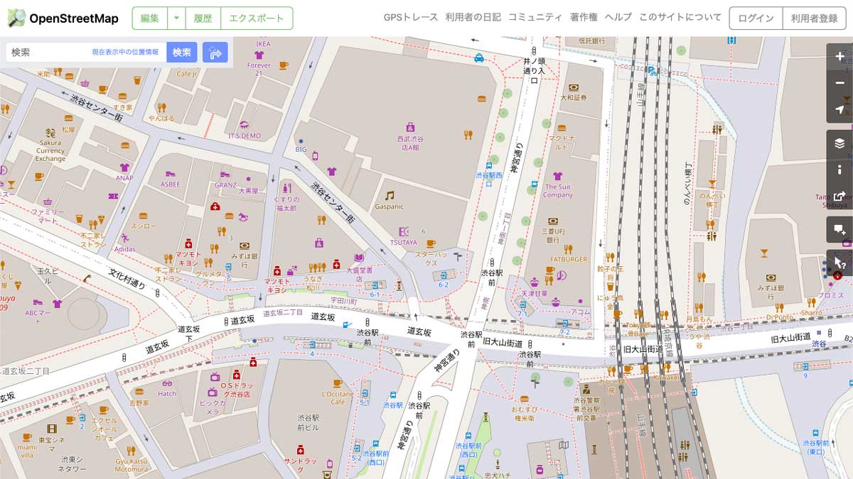 OpenStreetMap 渋谷駅周辺の通り