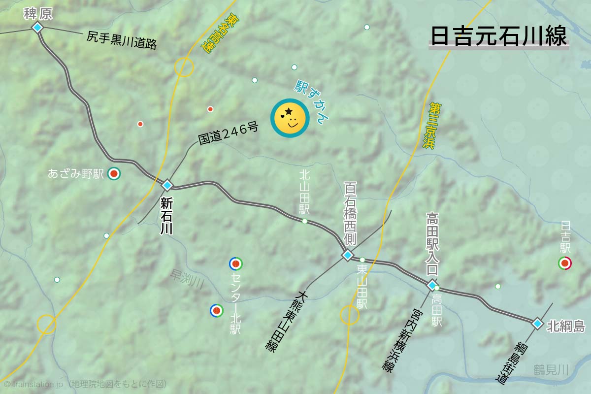 日吉元石川線の道路地図