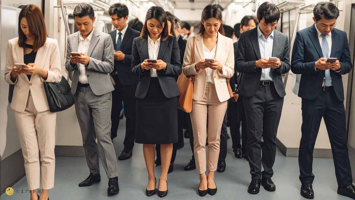 日本の満員電車の中で、スマホを見ている多くのビジネスパーソン
