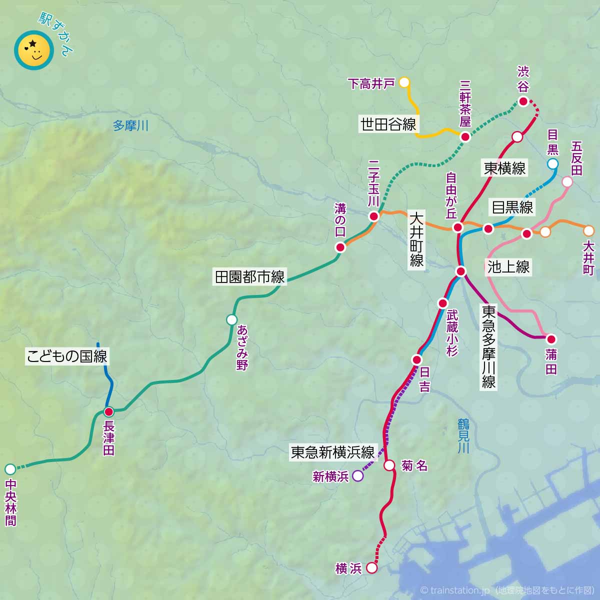 東急線路線図,地形地図に東急電鉄の路線