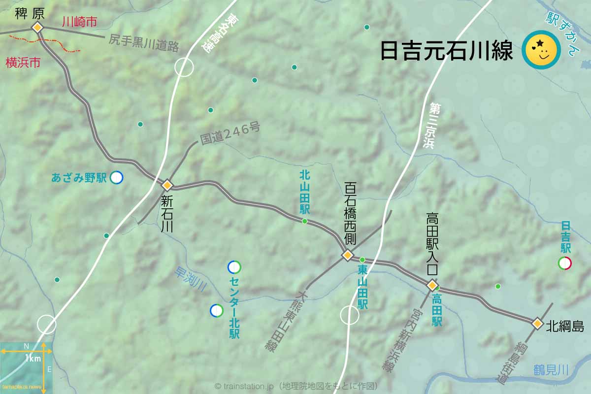 日吉元石川線の道路地図と地形
