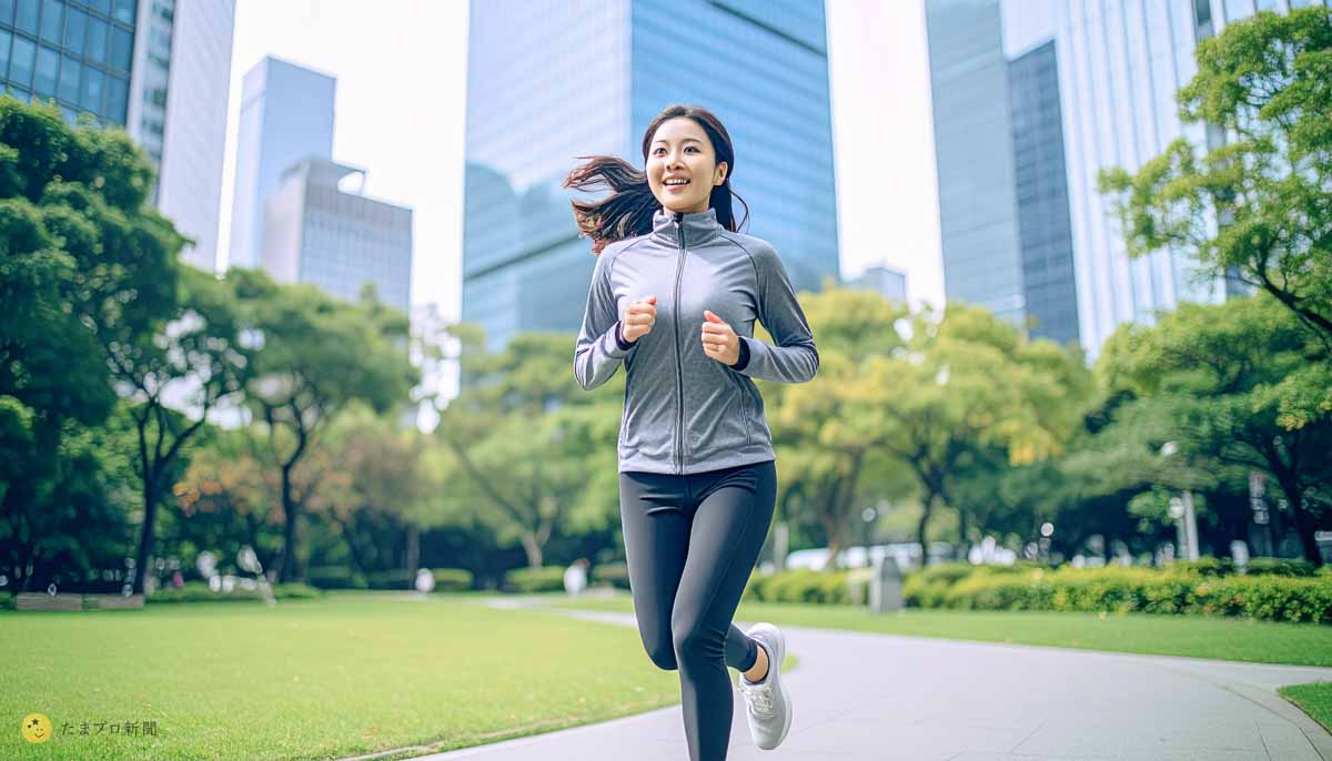 都市公園でランニングする人