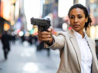 ニューヨーク警察の女性刑事が拳銃を構えている