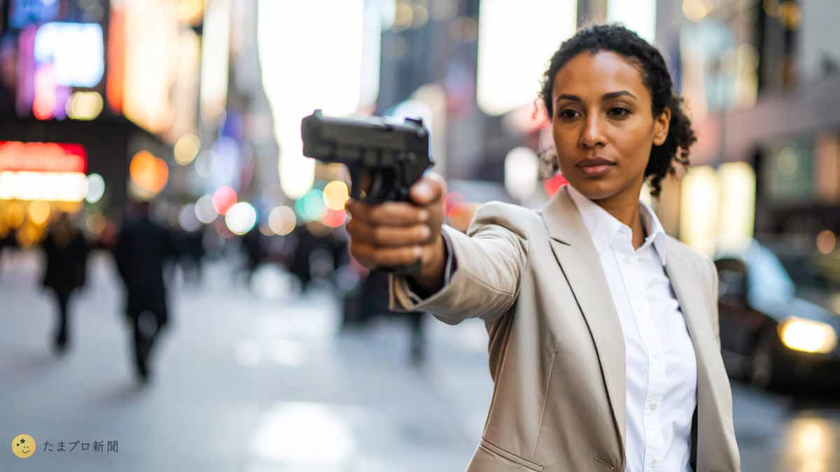 ニューヨーク警察の女性刑事が拳銃を構えている