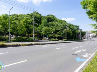 都筑区中央公園前,片側3車線の区役所通り