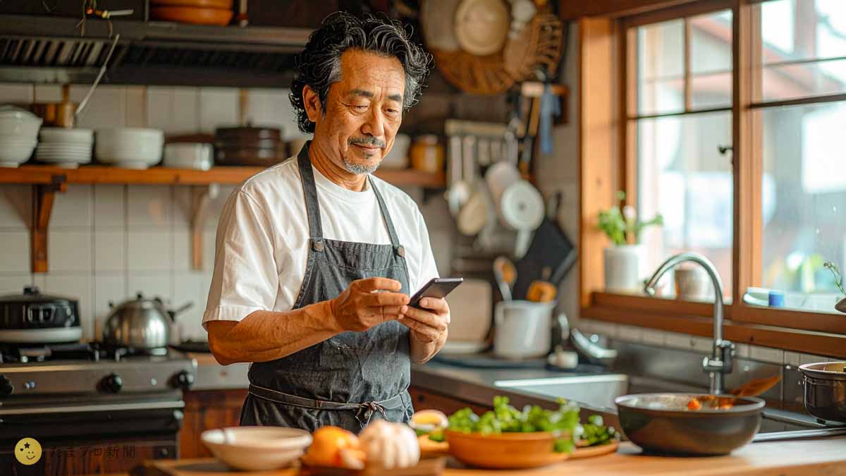 料理中にスマホする高齢者