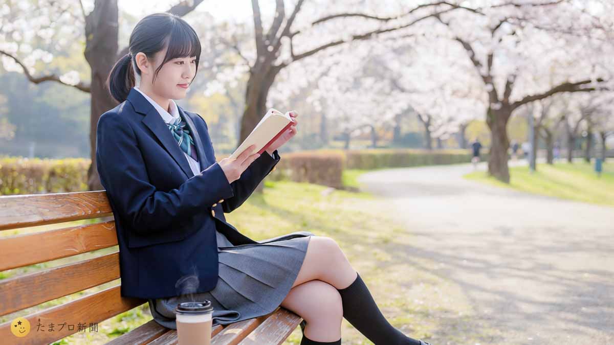 満開の桜の下で読書する女子高校生