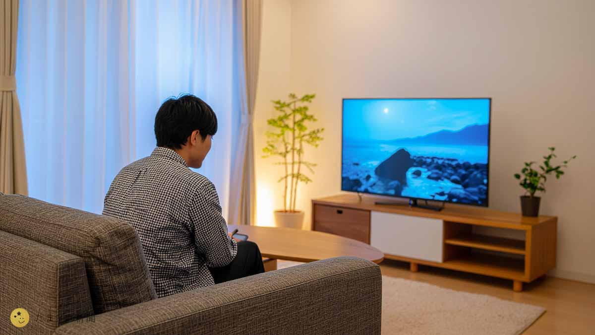 リビングでテレビ視聴する人