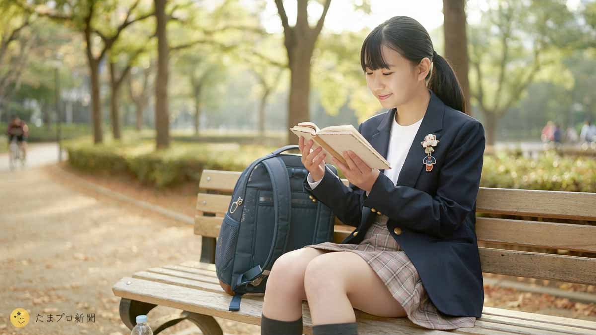 公園で読書する女子高校生