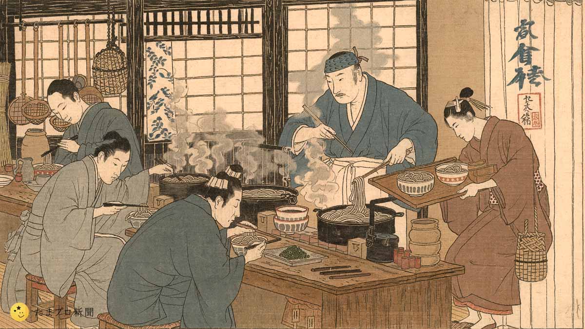 江戸時代の賑わう蕎麦屋の店内のイラスト