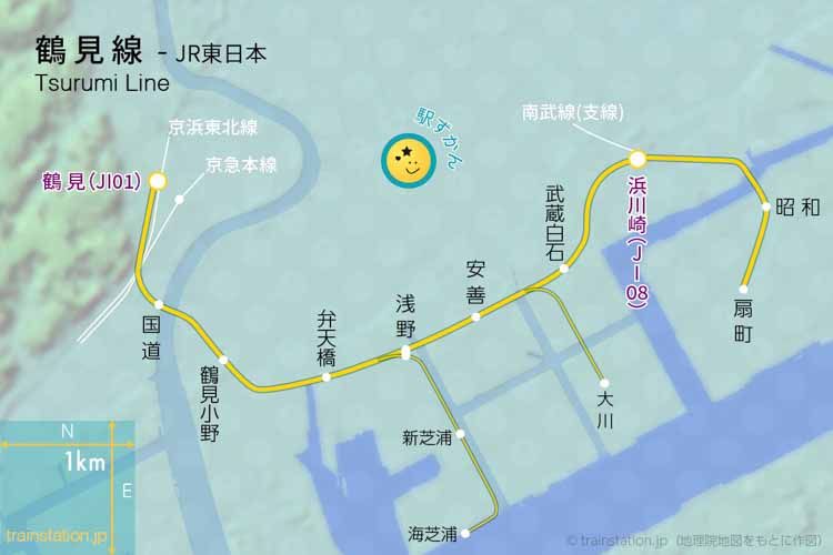 地形地図に鶴見線路線図
