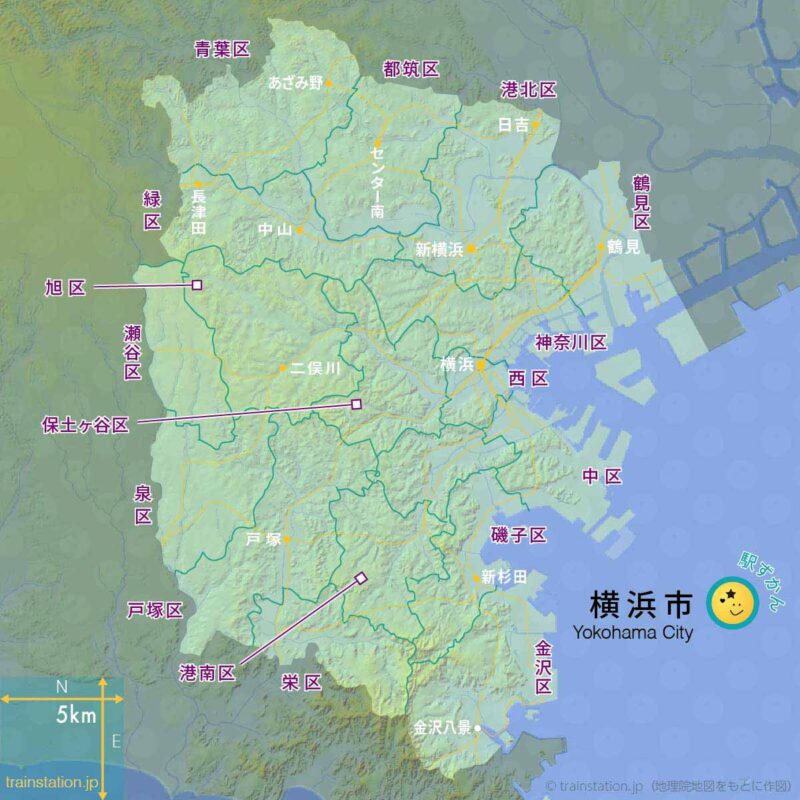 横浜市区界図と高低差マップ